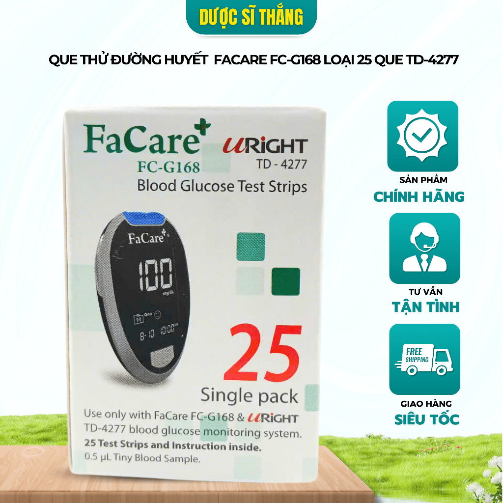 (Date 10/2026) [Hộp 25 que] Que thử đường huyết FaCare FC - G168  (TD - 4277)