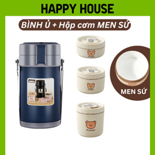 Hộp đựng cơm giữ nhiệt BÌNH Ủ MEN SỨ HappyHouse+, giữ nhiệt 10-15h, chất liệu men sứ an toàn, quay lò vi sóng
