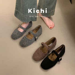  Giày nữ đế bệt KICHI chất lông dạ ấm áp êm chân giày mary jane đế thấp 372 