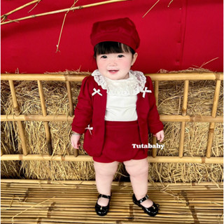  Body Cho Bé Set 4 Chi Tiết Áo Tăm Lạnh Cổ Ren Phối Áo Khoác Và Quần Chất Tăm Lông Thỏ Đỏ Kèm Mũ Nồi Body Cho Bé 3-11kg 