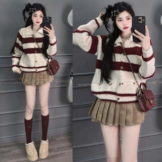 [ Sẵn Ship- Ảnh Thật ] Áo Len Màu Cổ Bẻ Kẻ Nang Chất Len Lông Thỏ Khuy Gỗ Mềm Mại Hàng QCCC Loại 1 Dành Cho Nữ