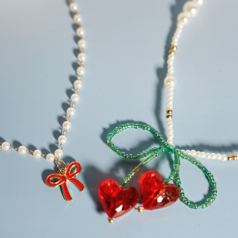Dây chuyền ngọc trai mặt nơ đỏ/nơ cherry handmade