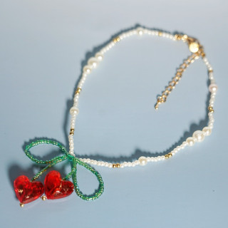 Dây chuyền ngọc trai mặt nơ đỏ/nơ cherry handmade