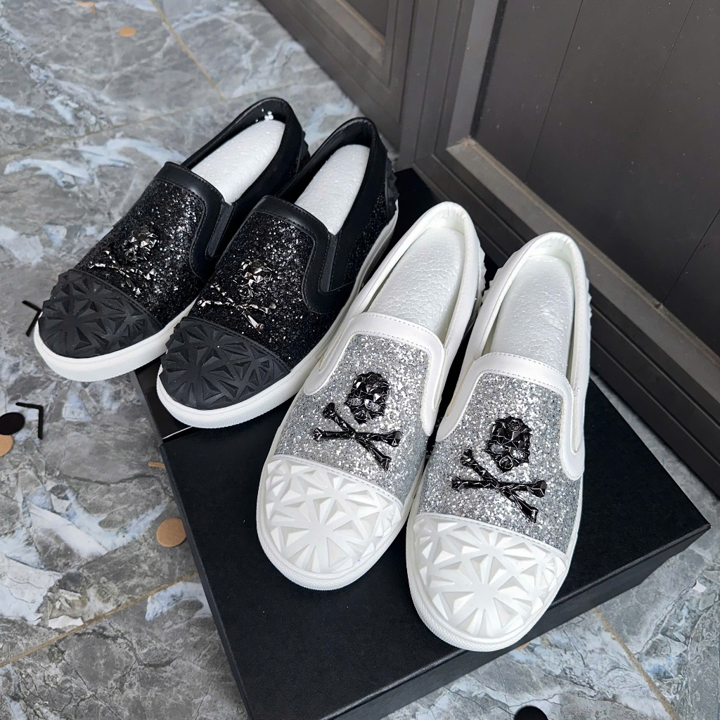 Giày slipon Philip Plen lười nam boy phố phối Da Nhũ Kim Tuyến Đầu Lâu - Giày philip cao cấp (Lùi 1SIZE) (Full Box)