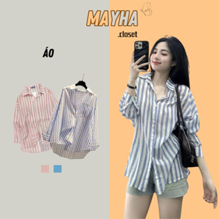 Áo Sơ Mi Nữ, Áo Sơ Mi Tay Dài Kẻ Sọc Xanh Mỏng Mềm Mịn Form Rộng Vintage Hàn Quốc T096