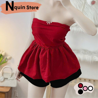 Áo ống cúp ngực dáng xòe có mút ngực thêu nơ trước ngực, Áo quây cúp ngực tùng xòe phong cách tiểu thư Nquin Store