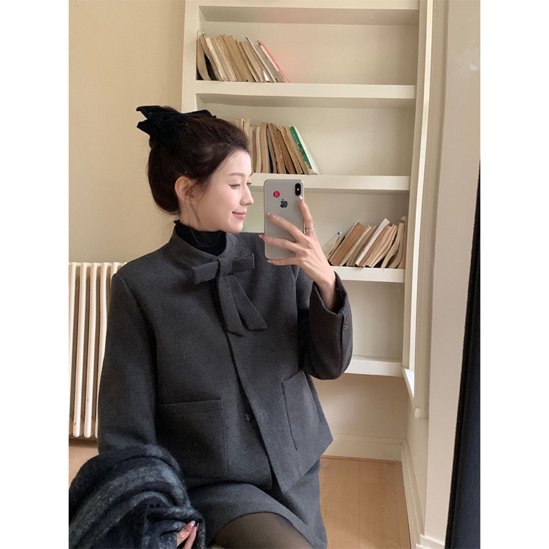 Set khoác dạ xám nơ HANNIE