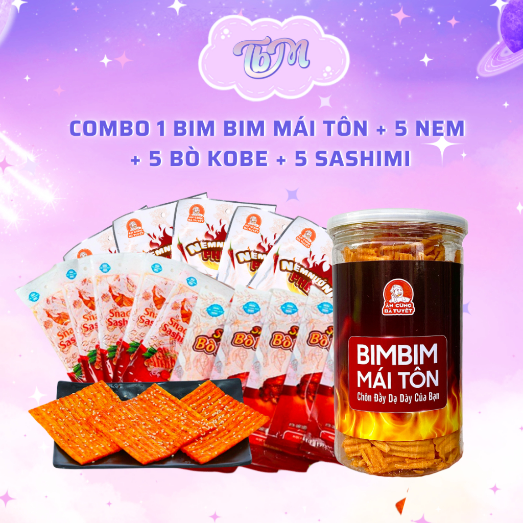 Combo ăn vặt bà Tuyết: 1 HŨ bim bim mái tôn + 5 nem + 5 bò kobe + 5 sashimi