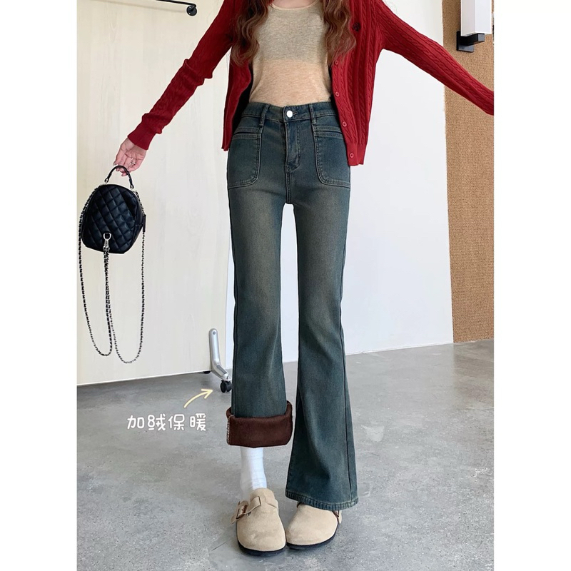 Quần jeans ống loe lót nhung cho nữ thu đông hàng Quảng Châu 2024 Aline Store