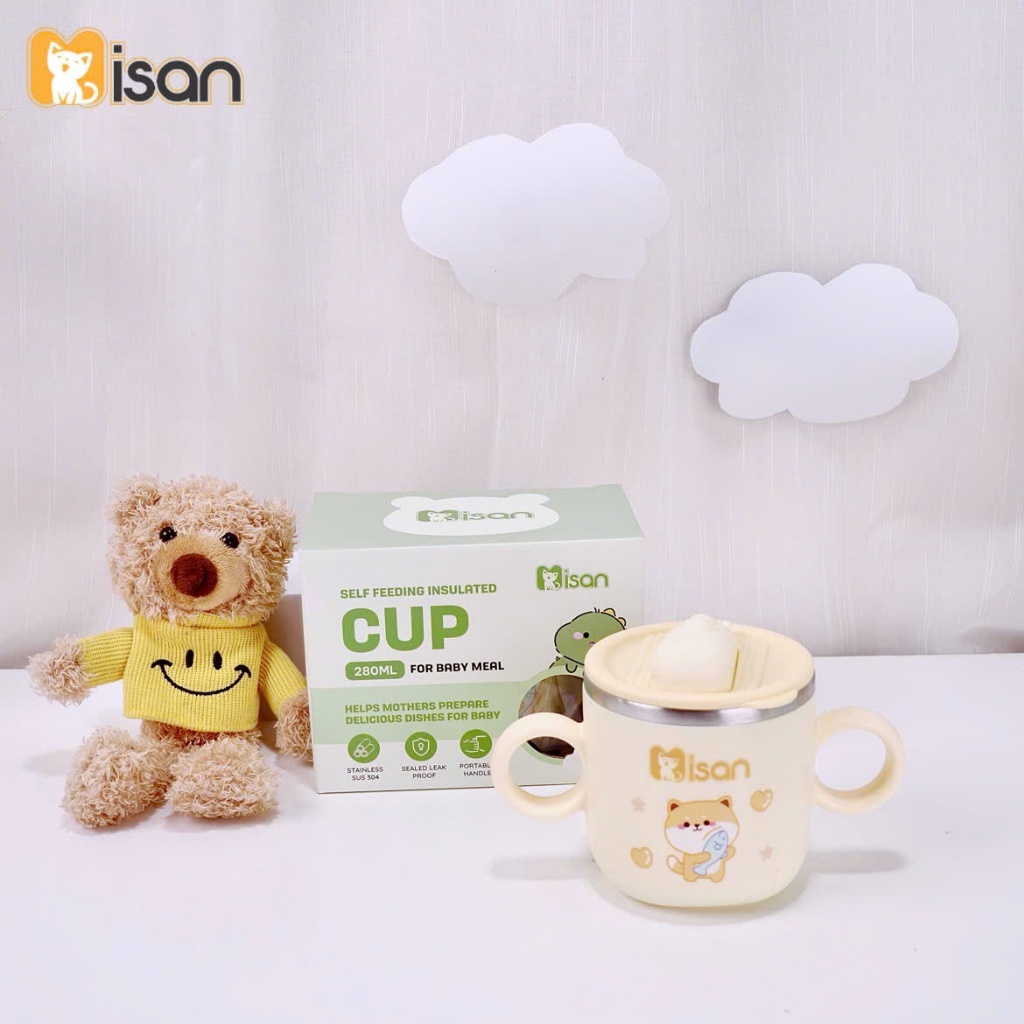 Cốc tập uống hút Misan lõi Inox 304 giữ nhiệt an toàn, Cốc tập hút cho bé Misan dung tích 250ml tiện