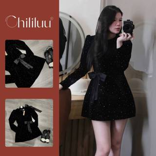  Váy nhung nữ Chililuu đầm nhung ngắn đính đá kèm nơ form ngắn phong cách sang chảnh Hàn Quốc 