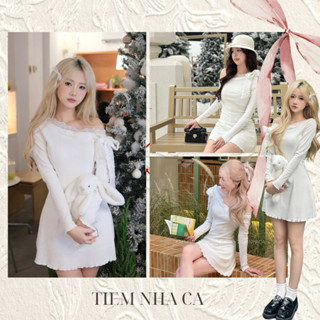  Váy lệch vai  babyboo dress  vải len tăm nơ vai 2 lớp dáng chữ A đi chơi đi tiệc Tiêm Nhà Cá 