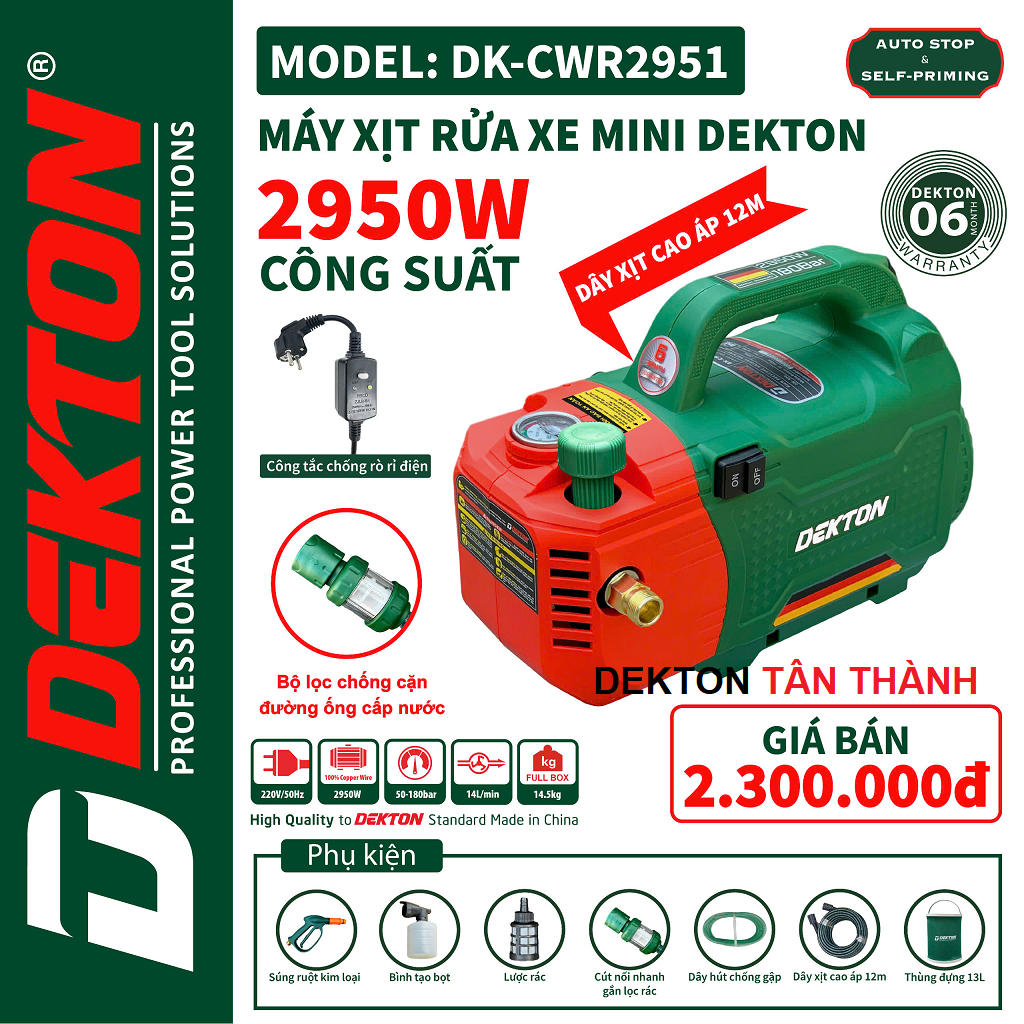 Máy rửa xe DEKTON DK-CWR2951 Bản T12.2024 nâng cấp đầu nén /Chống giật / 2950W / Đủ phụ kiện