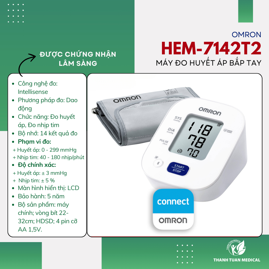 Máy đo huyết áp bắp tay Omron HEM-7142T2 kết nối bluetooth với Smartphone