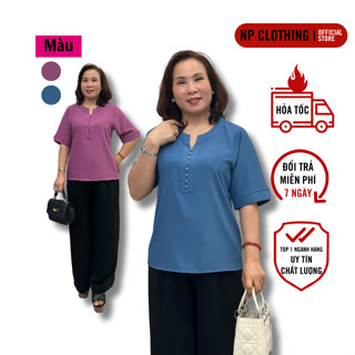 Áo Trung Niên Nữ A189, Mẫu Sơ Mi Tặng Mẹ U50 Tay Ngắn Cổ Tròn Phối Nút | Thời trang NP Clothing