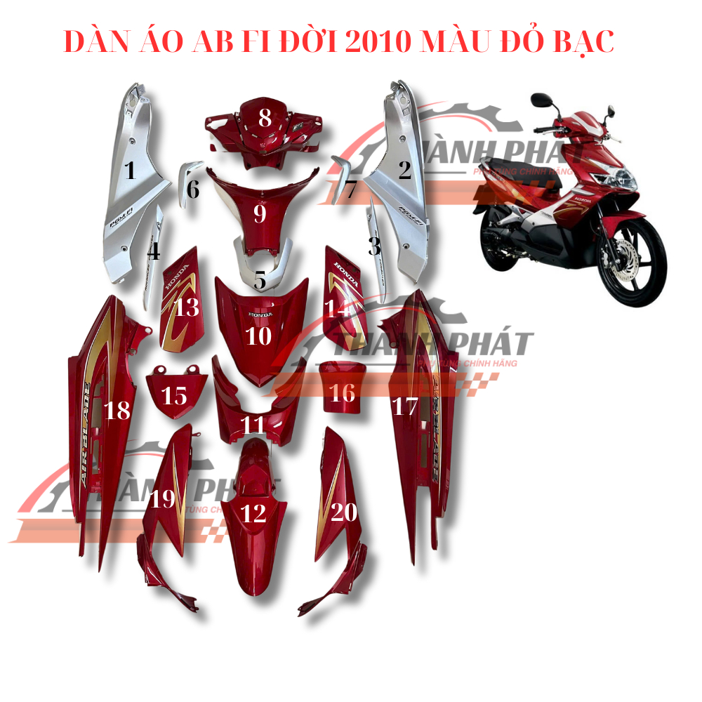 Dàn áo AB 110 FI Đời 2010 Màu Đỏ Bạc Zin Hãng 20 món