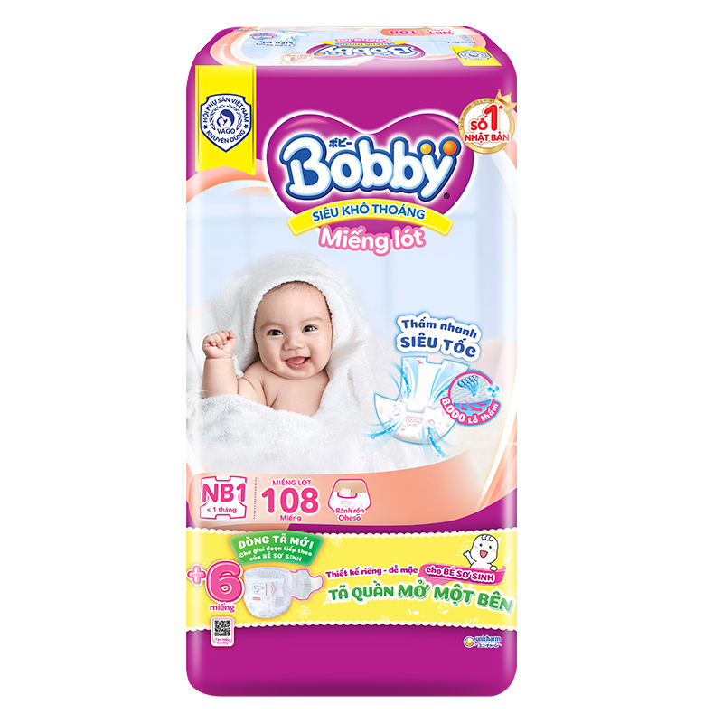 Miếng lót sơ sinh Bobby size NB1 108miếng và NB2 60miếng