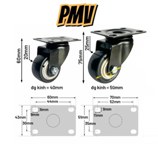 Bánh xe đẩy hàng có bạc đạn và khóa, Bánh xe nhựa PVC mini 40mm - 50mm, bánh xe đẩy hàng chịu lực