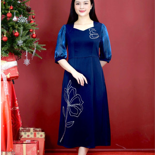 Đầm xòe trung niên cho mẹ - Cổ vuông tim đính đá tay lỡ - Màu Xanh đen - TTV1810