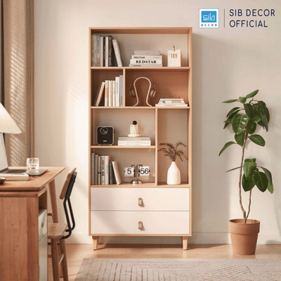 [Chỉ giao lắp tại TP.HCM] Tủ Sách Gỗ 2 Ngăn Kéo Dài 80cm Màu Trắng Phối Oak Thương Hiệu SIB Decor KSG78