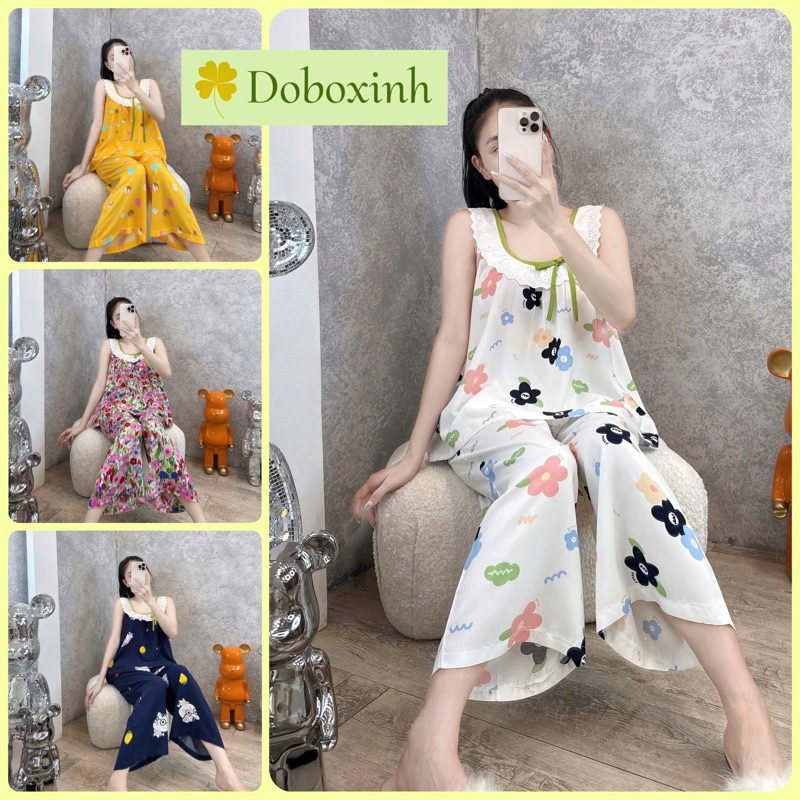 Đồ Tole Nữ, Bộ Lanh Mặc Nhà Quần Dài 9 Tấc Cổ Tròn Ren Thêu VNXK (45-68kg) - doboxinh