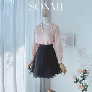  Áo kiểu nữ Hàn Quốc tay dài phồng vải tơ lụa SONMI thiết kế cao cấp form rộng cổ tàu màu đen be hồng DARCY EMBER BL134 