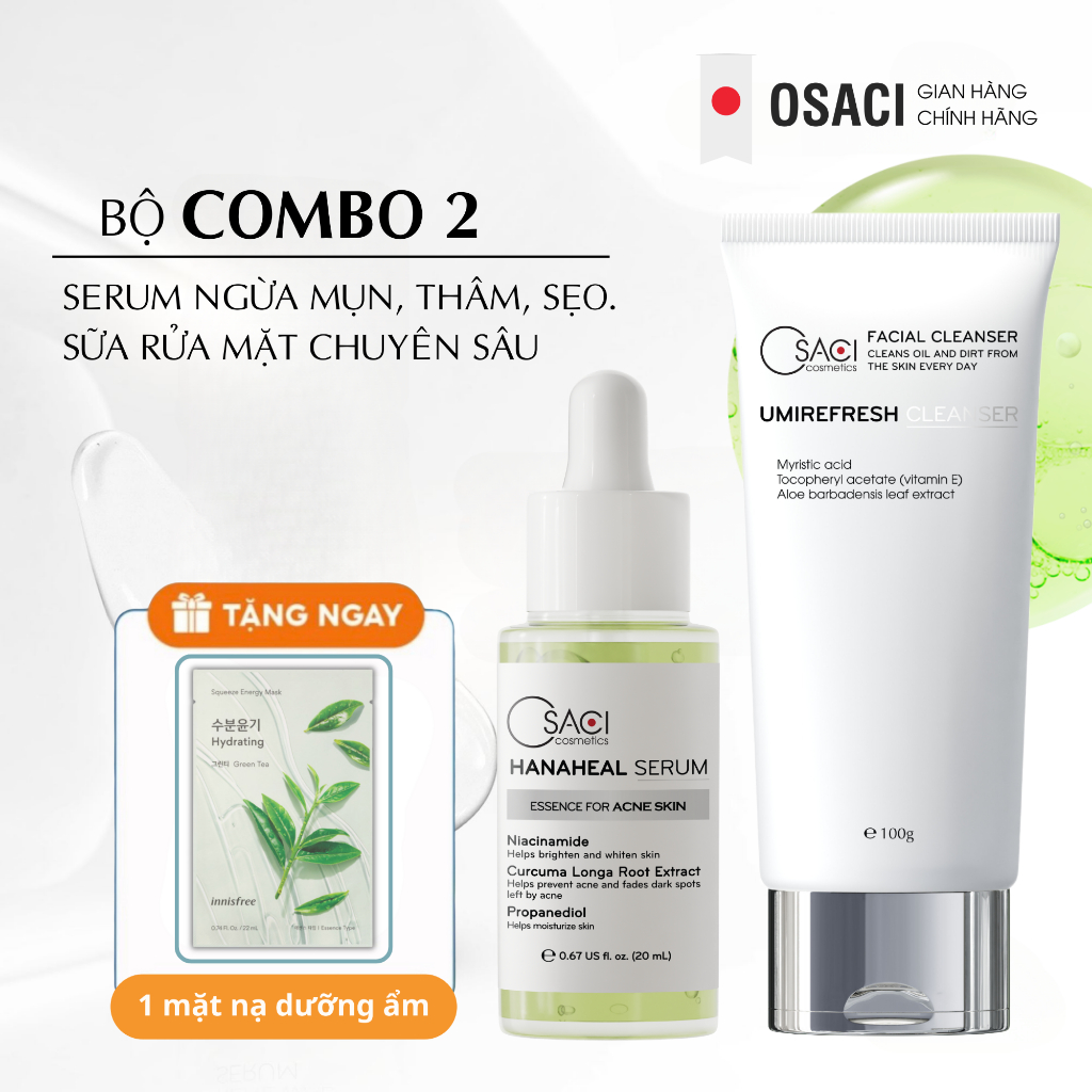  Combo giảm mụn ngừa thâm mờ sẹo rỗ trẻ hóa da Osaci Serum Hana Heal + Sữa rửa mặt sạch sâu dịu nhẹ 