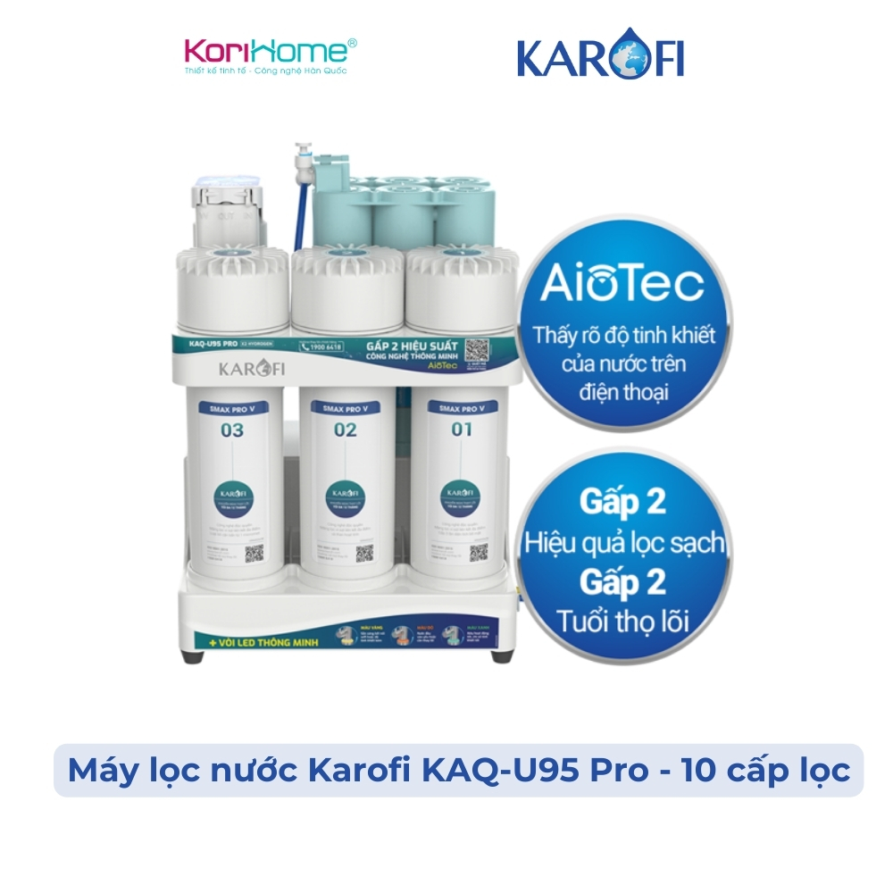(Tặng bút TDS) Máy lọc nước để gầm gọn nhẹ Karofi KAQ-U95 Pro với 10 cấp lọc, 123 Smax Pro V, RO Purifim, Bộ CN HP6.2