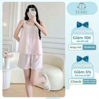 Bộ ngủ nữ ngắn áo 2 dây bản to viền ren dễ thương chất Đũi, Tole, Lụa Mango mềm mại mặc mát