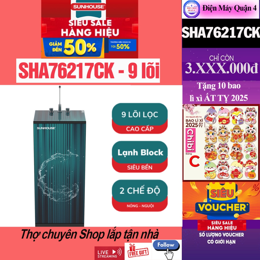 Máy lọc nước RO nóng nguội Sunhouse SHA76217CK 9 lõi, Kích thước 950x337x422mm
