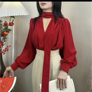 Áo sơ mi công sở nữ lụa cổ V HINSTORE áo lụa kiểu vạt nơ vai nhún tay bồng 278