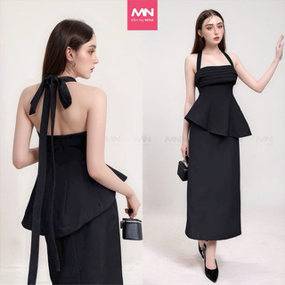 Set váy đen dự tiệc MINA hở lưng dáng dài bút chì dự tiệc, đi chơi chất liệu Cotton MN256