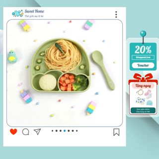 Bộ Khay Ăn Dặm Silicon Misan  Kèm Thìa Có Đế Hít Chống Đổ 3 Ngăn Cho Bé