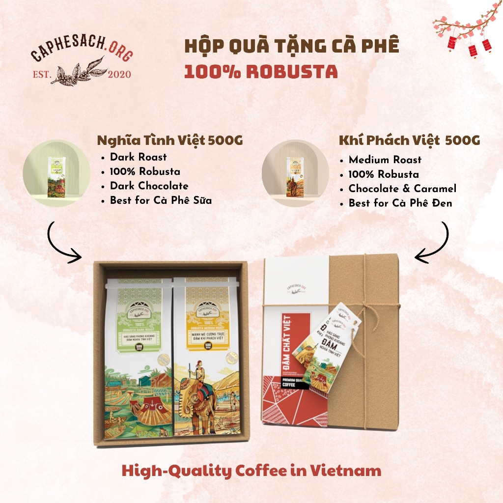 Combo Hộp Quà Tặng Cà Phê Cao Cấp - 2 gói 100% Robusta Honey 500G - Chất Lượng Cao, Nguyên Chất