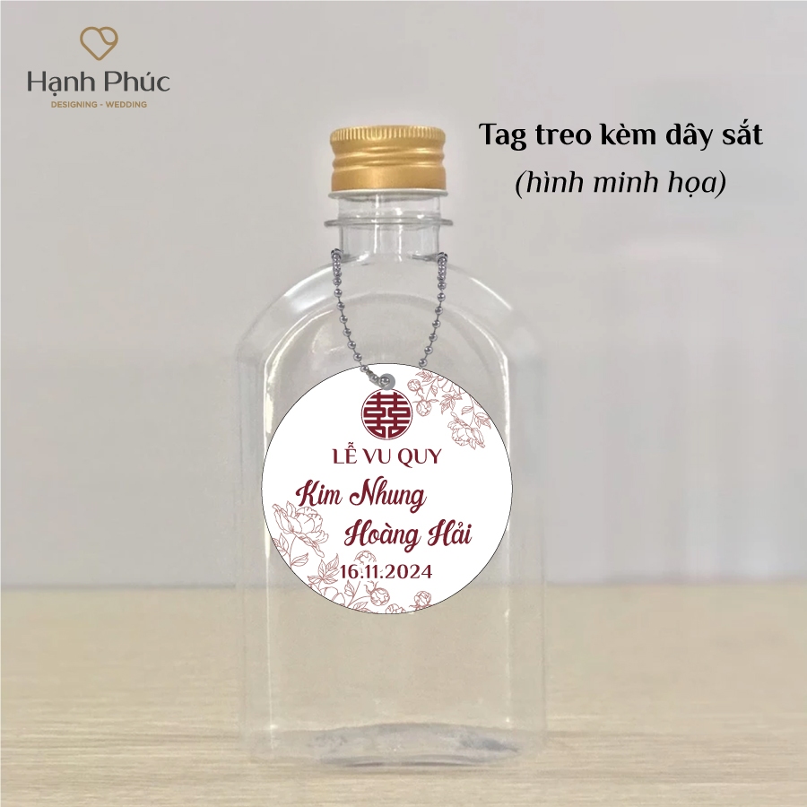 Tem dán nước suối hình tròn kèm nơ / Tag treo hình tròn kèm dây sắt