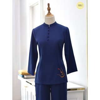  DL153 xanh navy  Họa Y Pháp Phục  Đồ Lam Đi Chùa Thời Trang Phật Tử Nữ đủ size thêu chữ An 