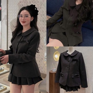 Set Bộ Đồ Dạ Nữ Áo Cúc Bọc Cổ Sen Tag Nơ Cài Nổi Mix Chân Váy Xòe Xếp Ly Sang Chảnh Ms99