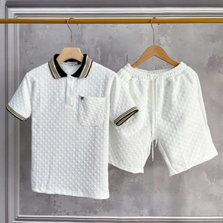 Set bộ đồ thun nam phối chữ , áo thun tròn phối chữ thêu, quần thun xốp vân nổi, chất cotton xốp