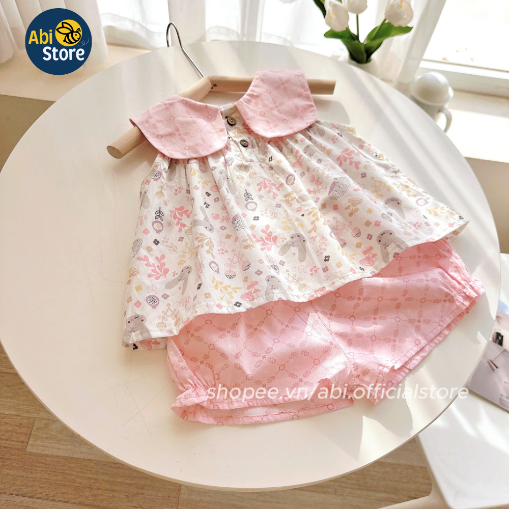 Đồ bộ cho bé gái tay ngắn set bộ cho trẻ em 1,2,3,4,5,6,7 tuổi vải thô lụa mềm, mát ABISTORE - thỏ hồng