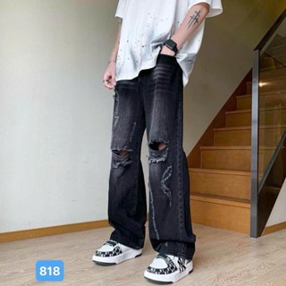 Quần baggy jean nam ống rộng có túi màu đen wash xám nhạt rách gối cao cấp - BG818 chất bò dãn nhẹ from dán chuẩn