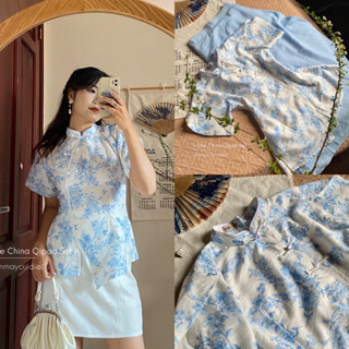 Set áo sườn xám Gốm Sứ tông xanh-trắng phiên bản chân váy dài và ngắn mặc lễ Tết cổ trang (ảnh thật)