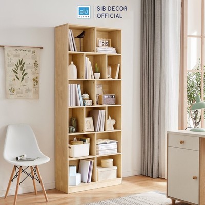 [Giao lắp tại TP.HCM] Tủ Sách Gỗ 14 Ô Có Hậu Màu Oak SIB Decor KSG73