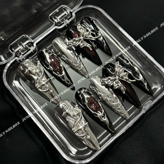 Nailbox tráng gương bạc đỏ JUNLY - nail box thiết kế móng giả mắt mèo đỏ đính đá phong cách đi chơi 485