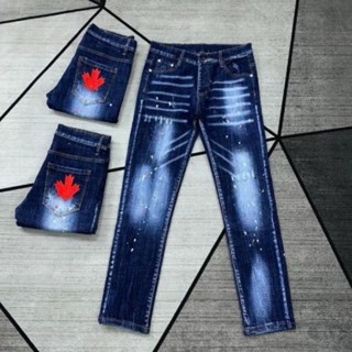 Quần jean nam xanh dài 4 cúc DSQ phối vẩy sơn hoạ tiết lá phong nổi cao cấp