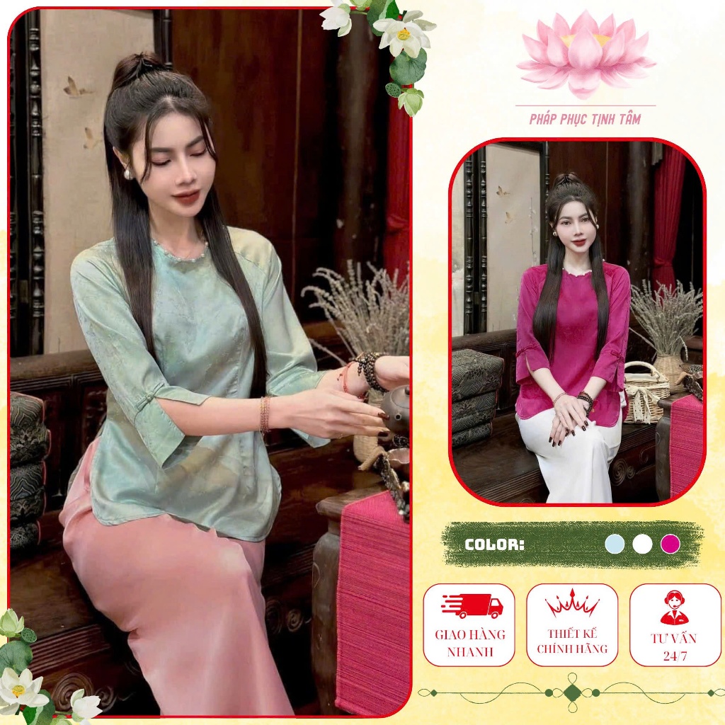Pháp Phục Đi Chùa Gấm  Cổ Tròn Tay Xẻ Lụa Gấm Tơ Cao Cấp Ba Màu- Bộ Đồ Lam Đi Chùa Nữ Tịnh Tâm