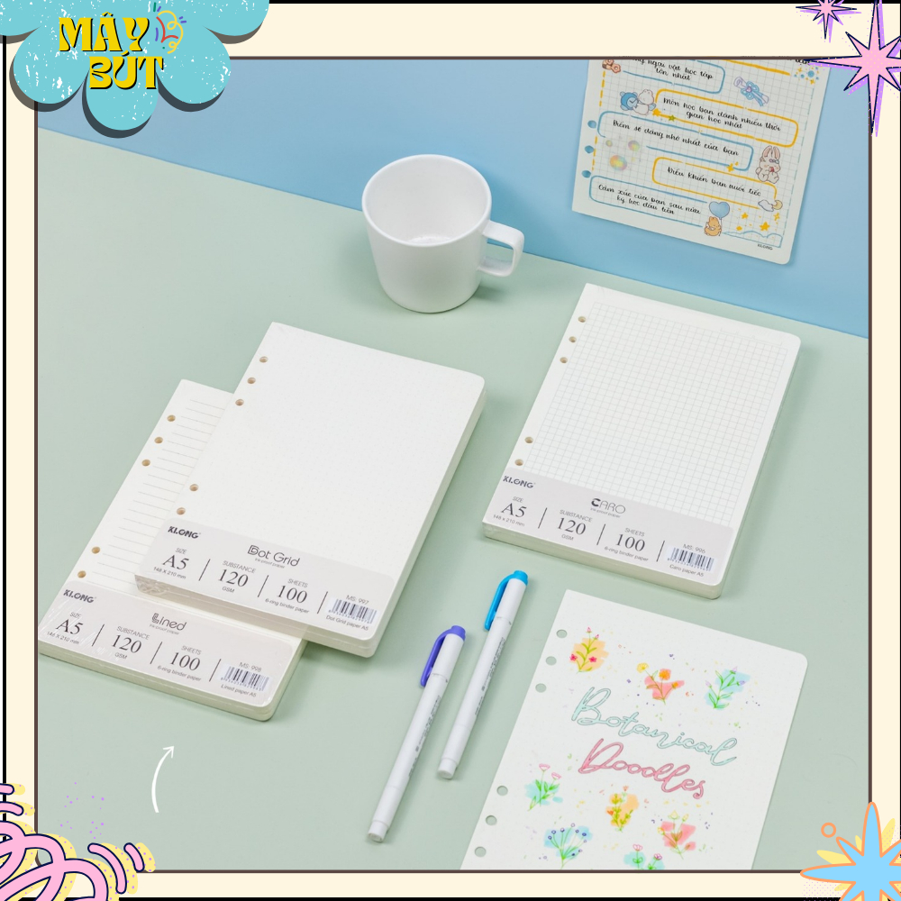 Ruột Sổ Còng Giấy Refill KLONG 100gsm – A5 / B5 – Dòng Dash Caro & Dash Line – 200 Trang