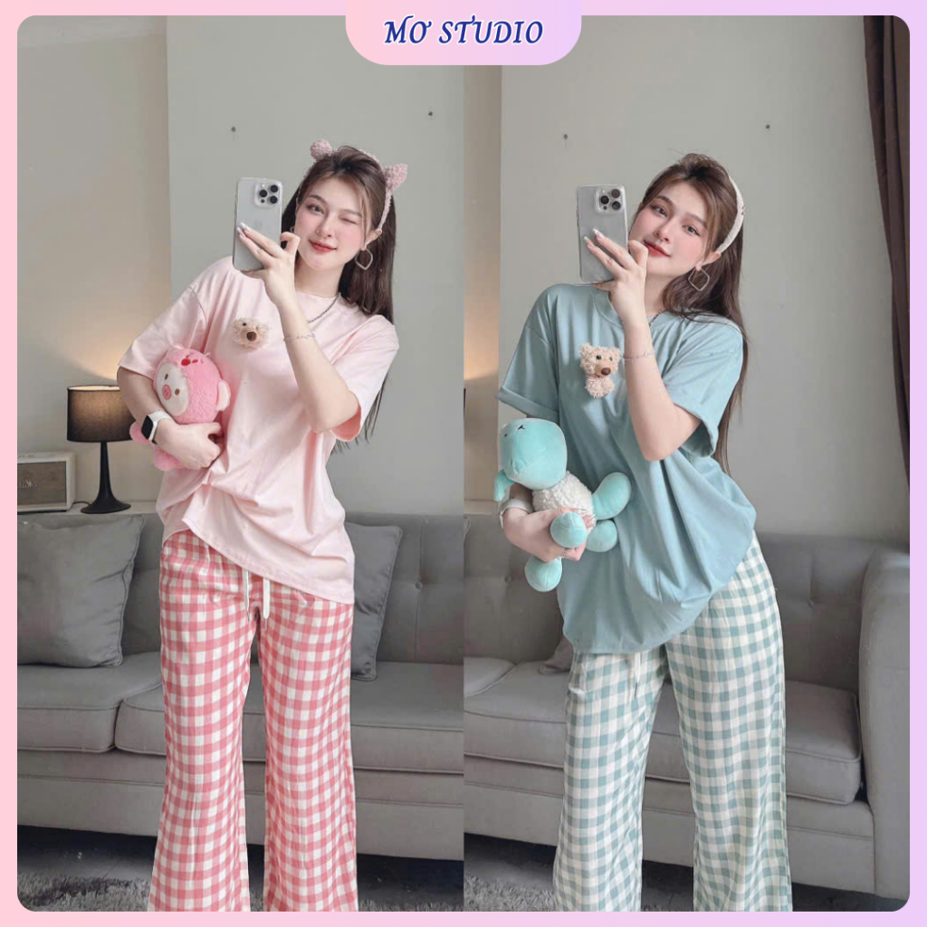  Set bộ áo thun kèm gấu bear mix quần kẻ đũi mặc nhà phong cách basic 