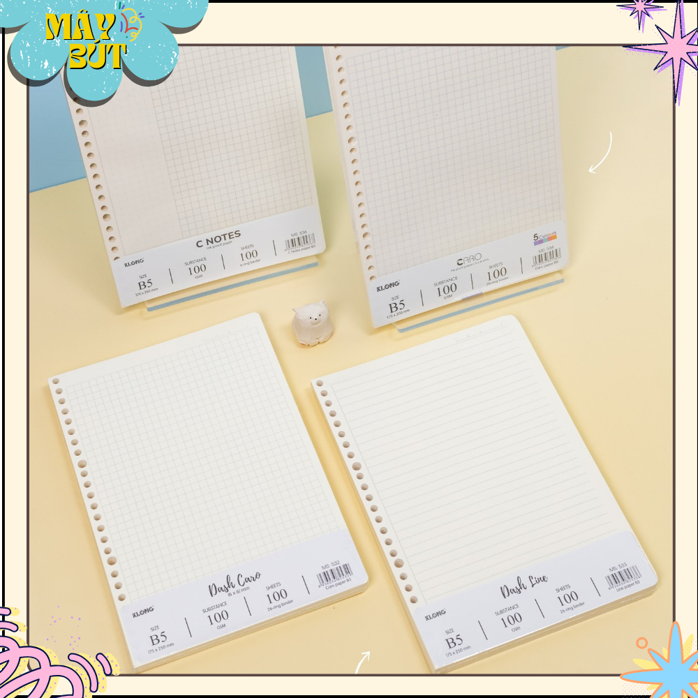 Ruột Sổ Còng Giấy Refill KLONG 100gsm – B5 – 200 Trang – Dòng Kẻ Dash Caro / Dash Line
