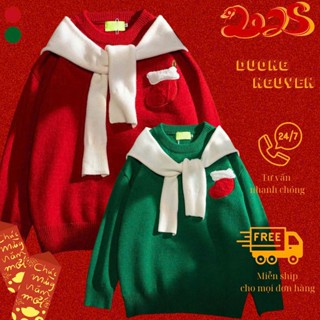 Áo sweater len dài tay unisex nam nữ form rộng thêu tất giáng sinh noel buộc nơ vai dày dặn co dãn