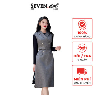 Đầm A gile tay cộc ánh chì kèm đai thời trang nữ Seven.AM H604040TD1